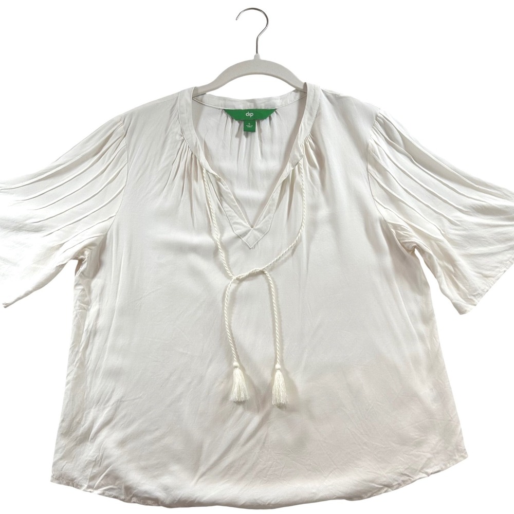Dip Womens Short Sleeve Pintuck‎ Pleat Tassel V-Neck Rayon Blouse Off White L